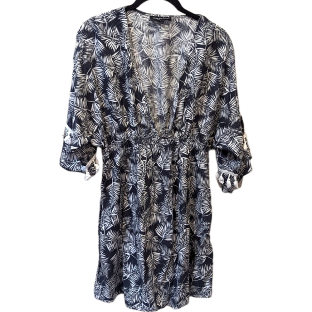 Spiaggia Dolce Women's White Leaf Print on Navy Summer Beach Cover Up Dr…